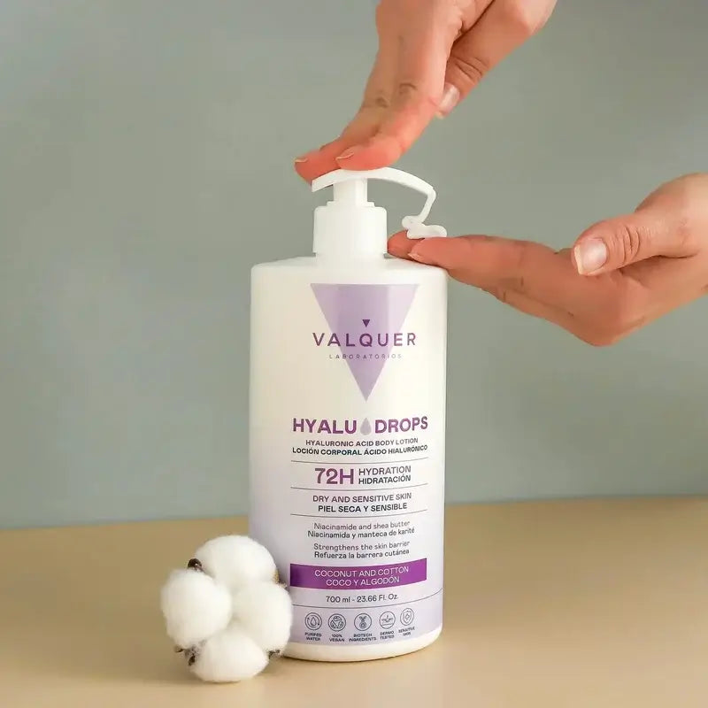 Valquer Hyaludrops Körperlotion mit Kokos und Baumwolle – 72 Stunden Feuchtigkeitsversorgung, 700 ml