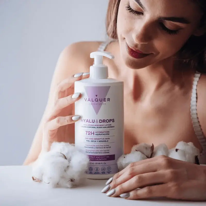 Valquer Hyaludrops Körperlotion mit Kokos und Baumwolle – 72 Stunden Feuchtigkeitsversorgung, 700 ml