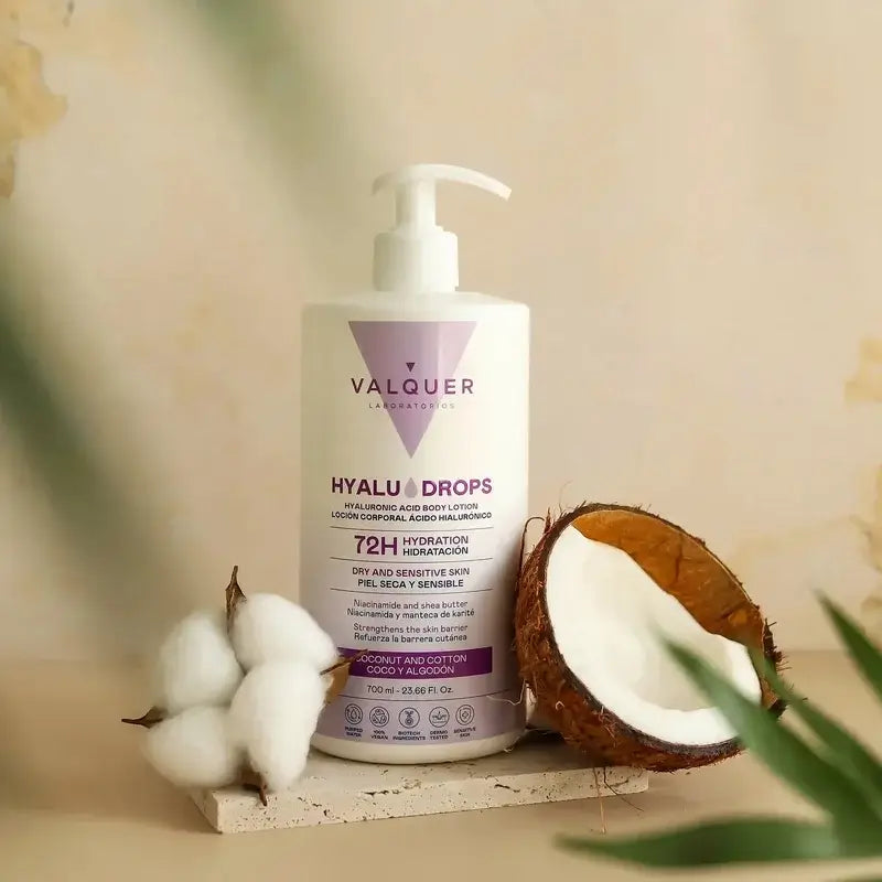 Valquer Hyaludrops Körperlotion mit Kokos und Baumwolle – 72 Stunden Feuchtigkeitsversorgung, 700 ml