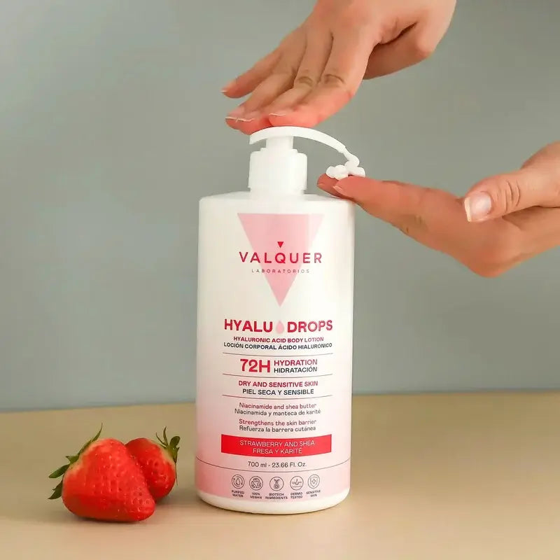 Valquer Hyaludrops Körperlotion mit Erdbeere und Sheabutter – 72 Stunden Feuchtigkeitsversorgung, 700 ml