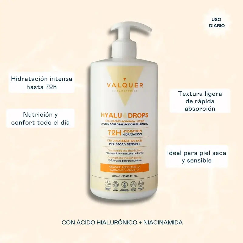 Valquer Hyaludrops Körperlotion Orange und Vanille – 72 Stunden Feuchtigkeitsversorgung, 700 ml