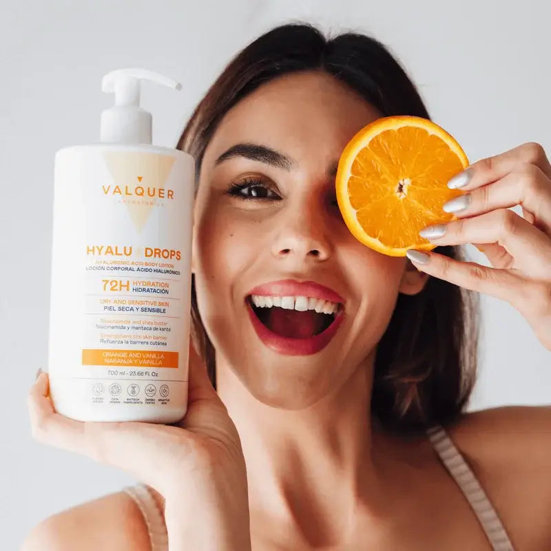 Valquer Hyaludrops Körperlotion Orange und Vanille – 72 Stunden Feuchtigkeitsversorgung, 700 ml