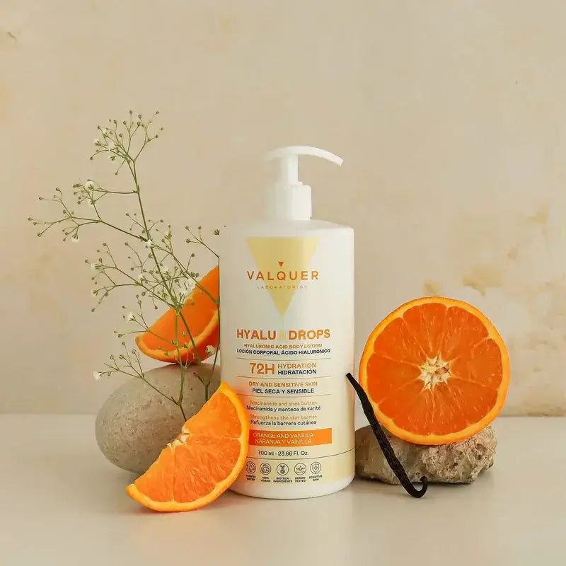 Valquer Hyaludrops Körperlotion Orange und Vanille – 72 Stunden Feuchtigkeitsversorgung, 700 ml