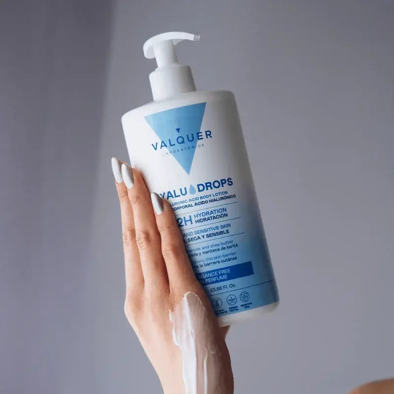 Valquer Hyaludrops Körperlotion, parfümfrei, 72 Stunden Feuchtigkeitsversorgung, 700 ml