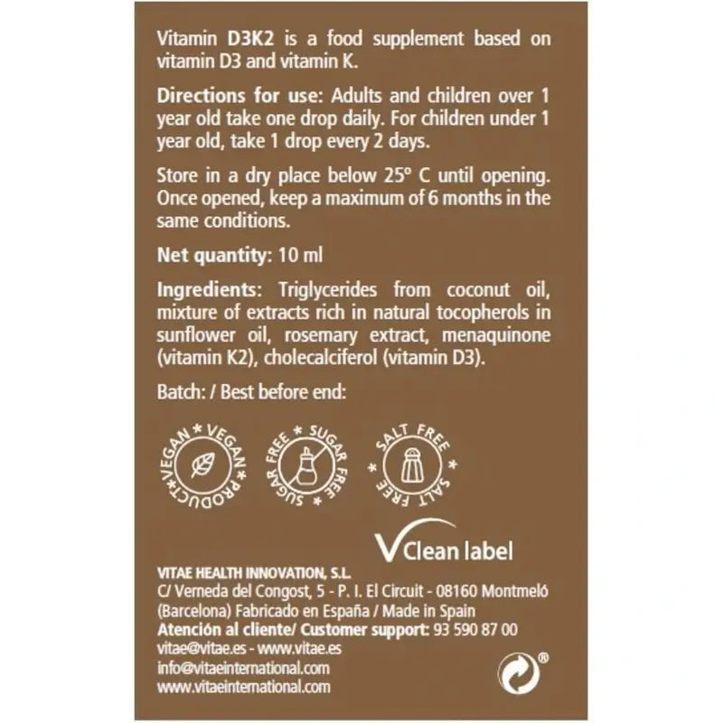 Vitae Vitamin D3K2 10 ml – Vitamin D3 und K2 für Knochen und das Immunsystem