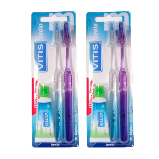 VITIS Medium Zahnbürste + Anti-Hohlraum-Zahnpasta Packung 2 x 15 ml