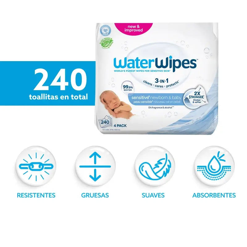 Waterwipes Biologisch abbaubare Baby-Feuchttücher 4x60, 240 Stück.