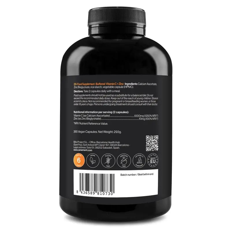 Zenement gepuffertes Vitamin C + Zink, 365 vegane Kapseln